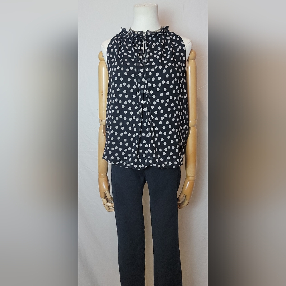 Max Studio Sleeveless Top Blouse Shirt Lined Black Dots, Size Medium